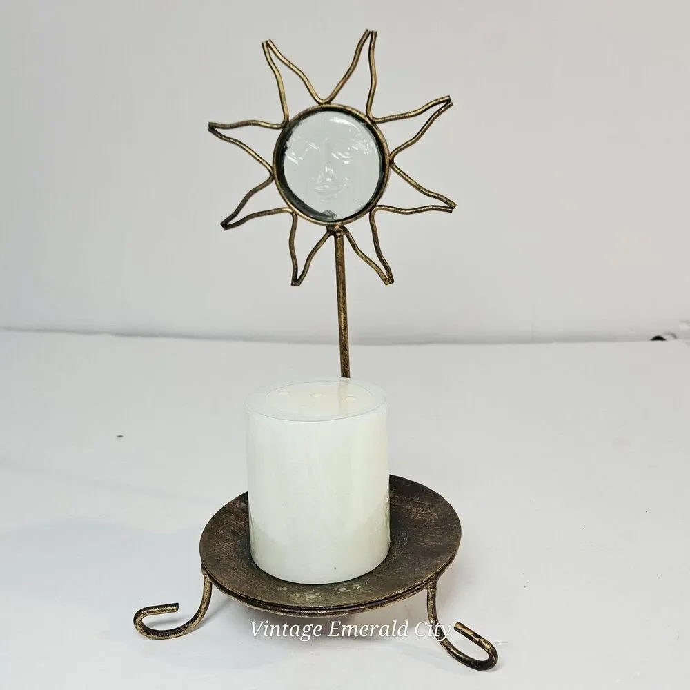 Vtg Sunburst Gold Metal Candle Holder Glass Sun Face 3d Mystical  Celestial Boho